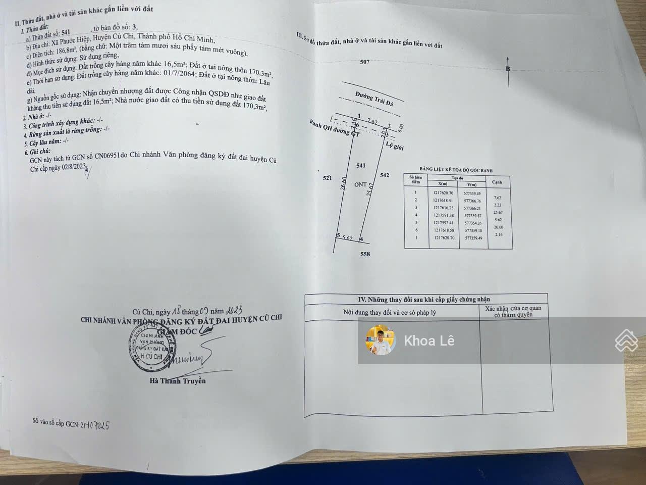 Bán Gấp - Lô Đất Đầu Tư xã Phước Hiệp, Củ Chi. DT 186m2, Sổ Hồng Riêng Bao Sang Tên, Giá 800TR