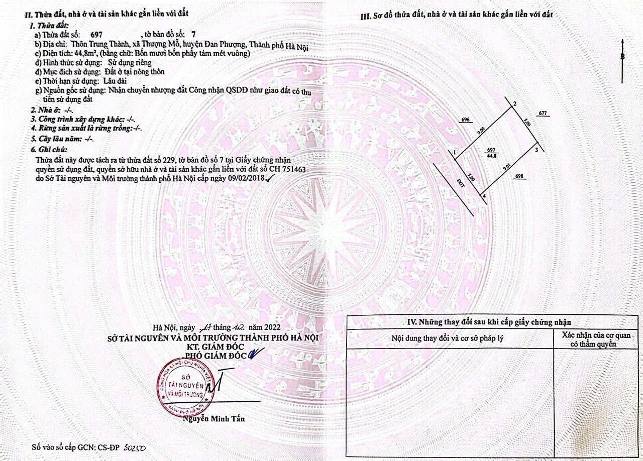 Chính chủ bán 44,5m2 đất Thượng Mỗ, Đan Phượng - TP Hà Nội