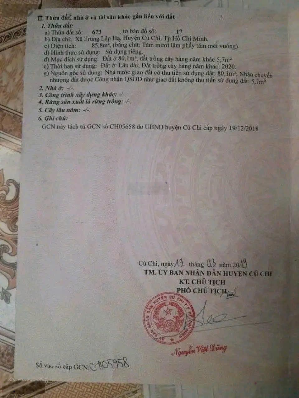 Bán đất tại Xã Trung Lập Hạ, Củ Chi, Hồ Chí Minh, 860 triệu, 85.8 m2 với mặt tiền 5m.giá 860tr
