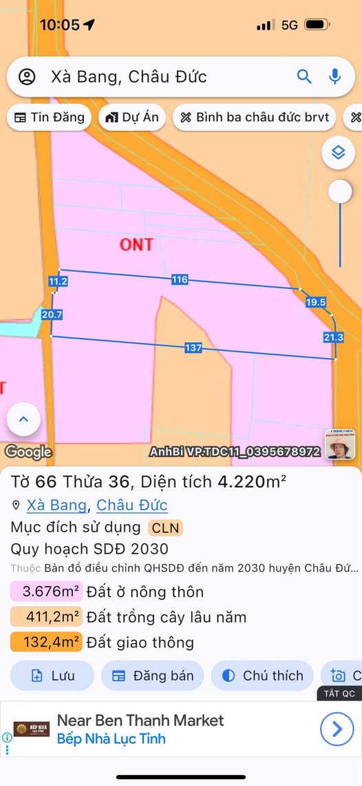 Đất Xà Bang, Châu Đức 4.2 sào hai mặt tiền đường, sổ hồng riêng, giá hời