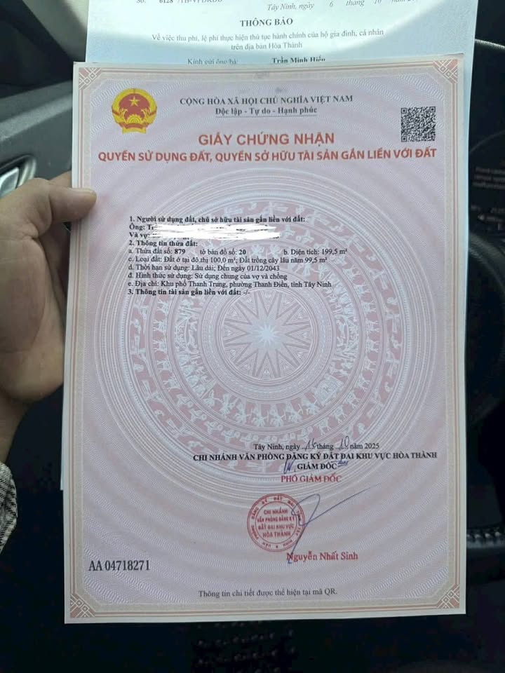 Bán đất thổ cư 100m2 mặt tiền 6,8m khu phố Thanh Trung, phường Thanh Điền, Tây Ninh