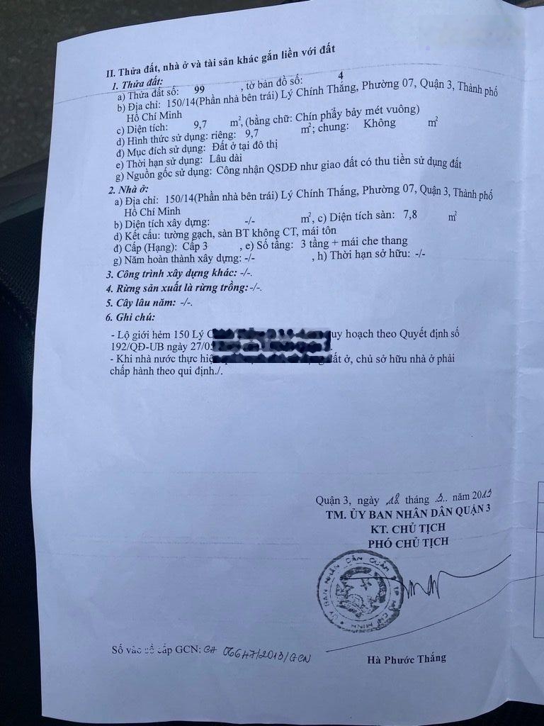 Nhà nhỏ quận 3 : lý chính thắng ( 3 lầu đúc = 2.69 tỷ shr )