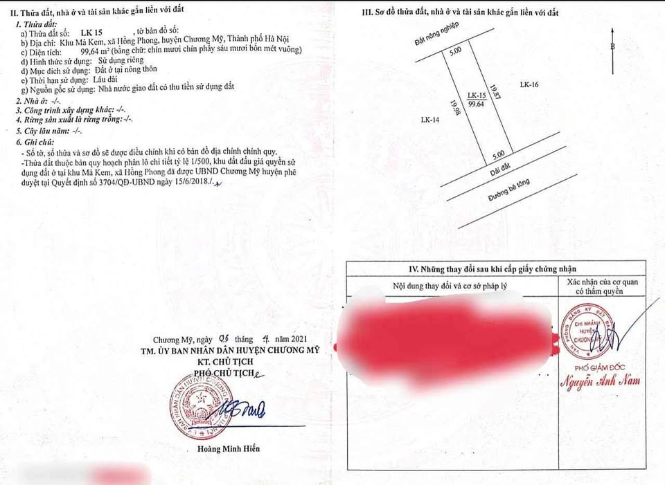 Bán đất thổ cư 99.64m² mặt đường kinh doanh, sổ hồng sẵn sàng tại Chương Mỹ, Hà Nội