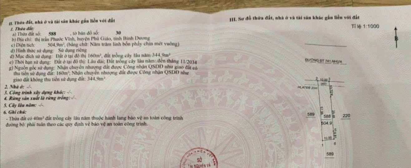 Bán lô đất tại thị trấn Phước Vĩnh, huyện Phú Giáo, tỉnh Bình Dương cũ, giá 6 tỷ