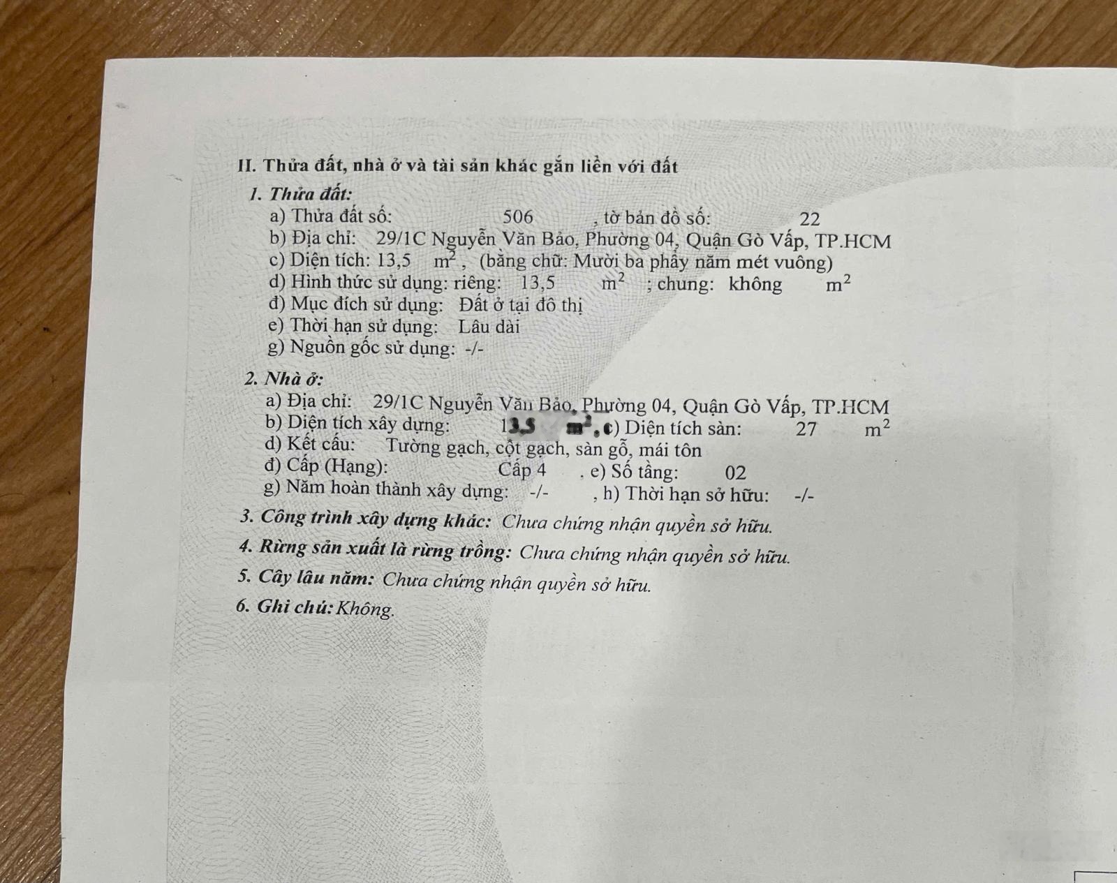 HH 1% nhà sau lưng mặt tiền Nguyễn Văn Bảo, P4, 1 lầu