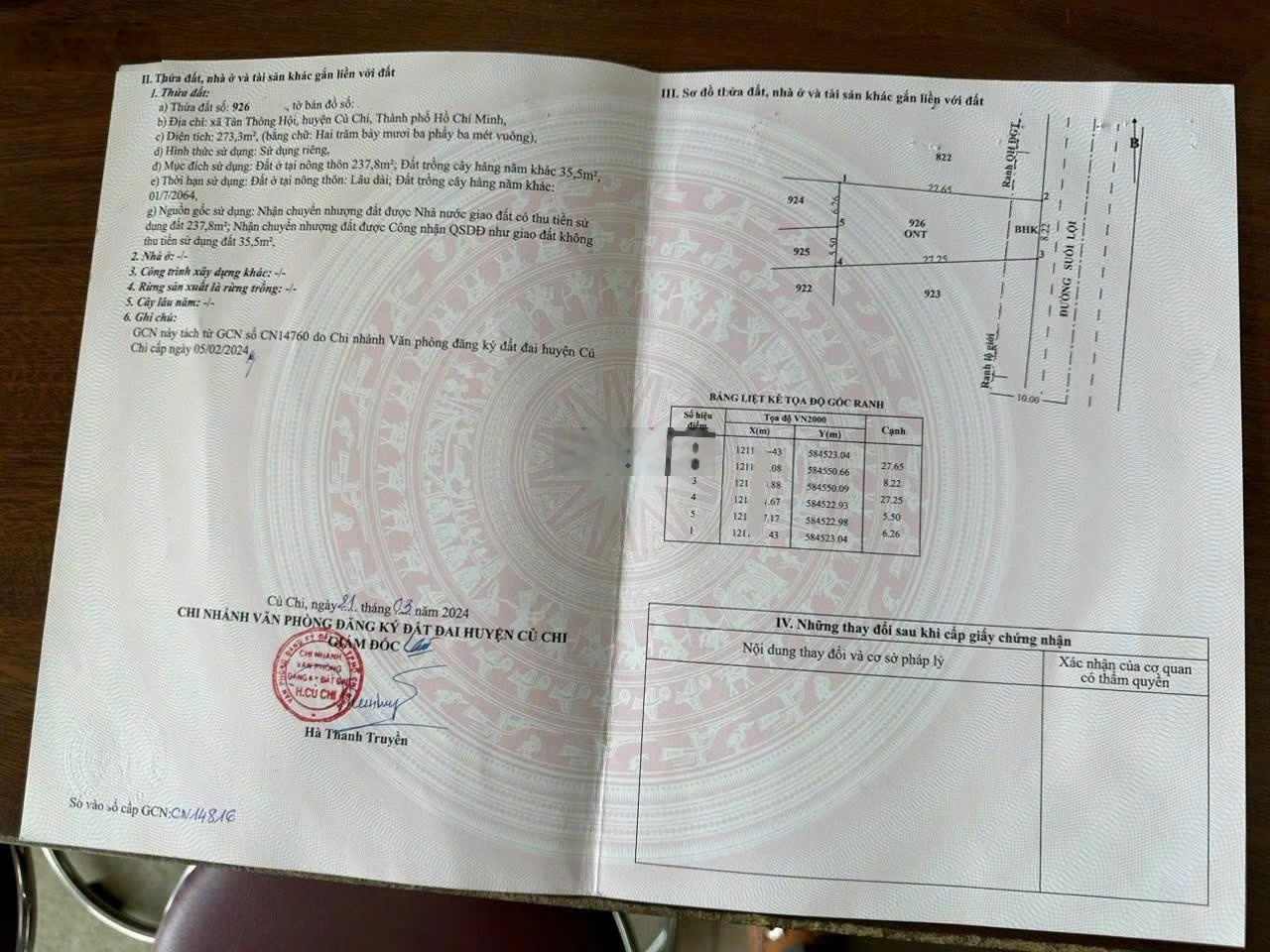 Mặt tiền suối lội 273m2. chủ gửi 1 tỷ 150