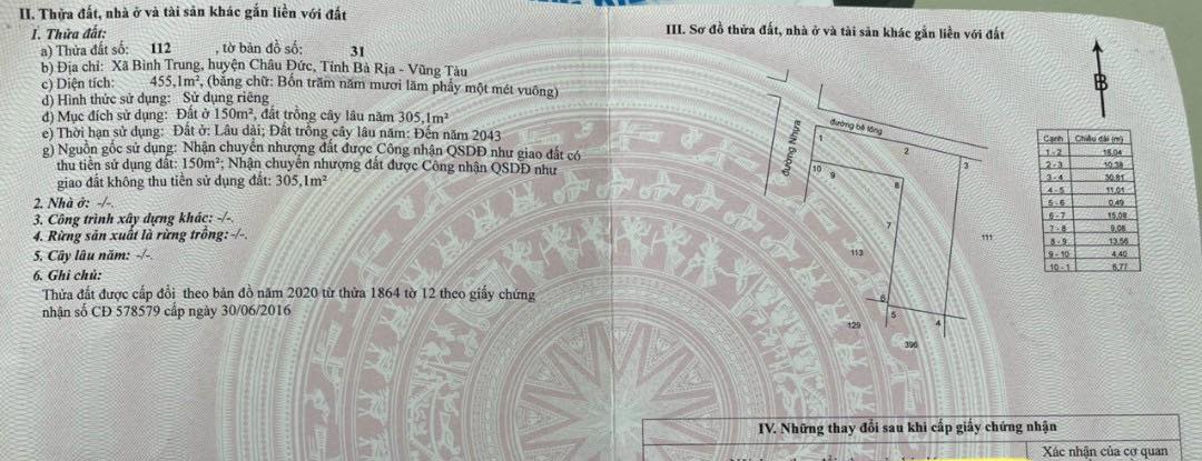 Bán lô đất tại thôn 6, Bình Trung, Châu Đức, gần giáo xứ họ Xuân Phong, giá 2.1 tỷ