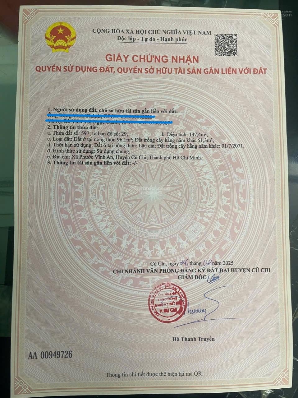 Bán gấp lô đất đường Trần Văn Chẩm, Phước Vĩnh An, Củ Chi, 147m2 (có 96m2 thổ cư), nhựa, SHR, 700tr