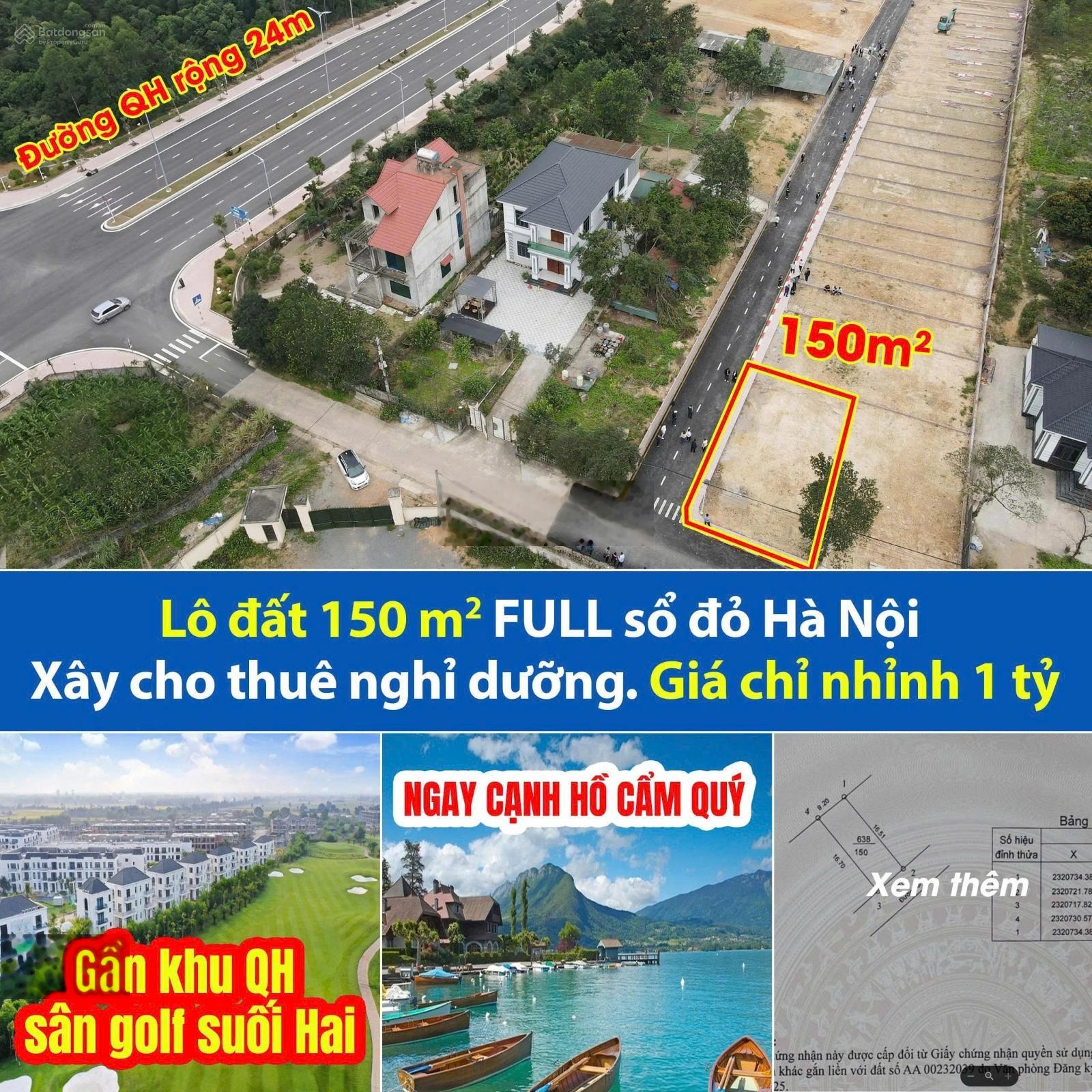 Hơn 1 tỷ em bán lô đất 150m2 full thổ cư tại xã Suối Hai, TP Hà Nội, gần hồ sinh thái, dân cư đông