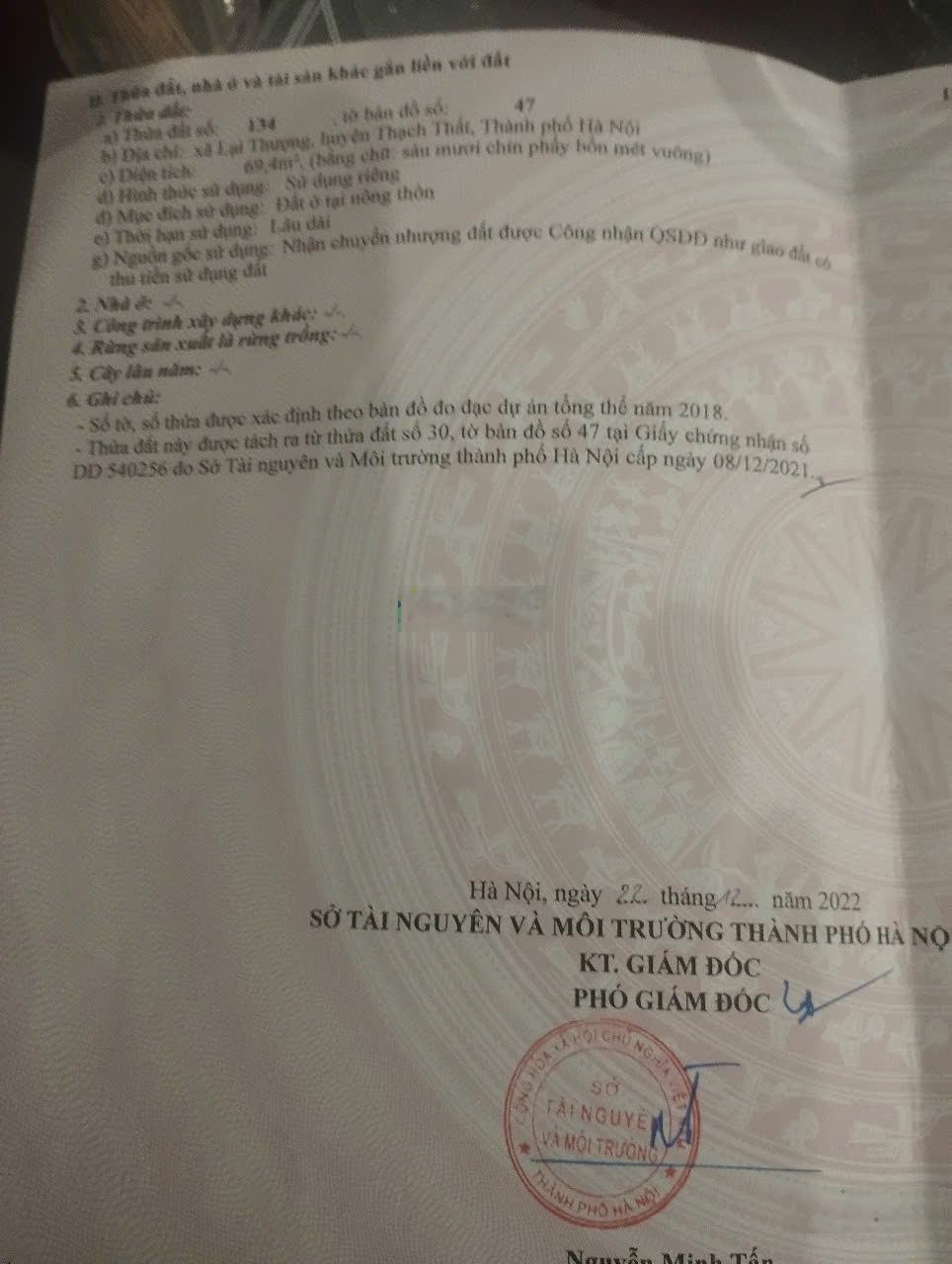 Chính Chủ bán gấp lô đất ở full thổ cư Lại Thượng Thạch Thất, sẵn sổ, 69m2 - MT 3m - 100% đất thổ