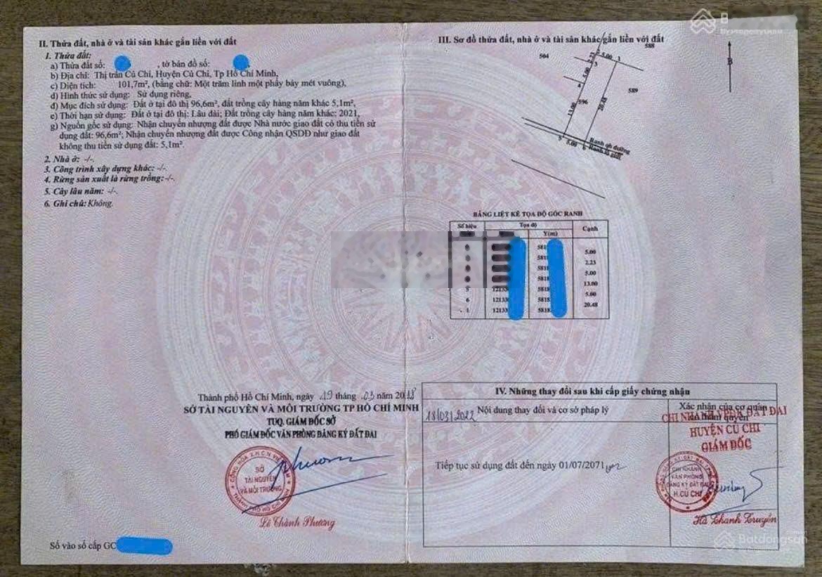 Gấp! cần bán lô đất dt: 100m2, gần trung tâm tt.củ chi. đ.nguyễn văn khạ, củ chi. giá 630triệu, shr