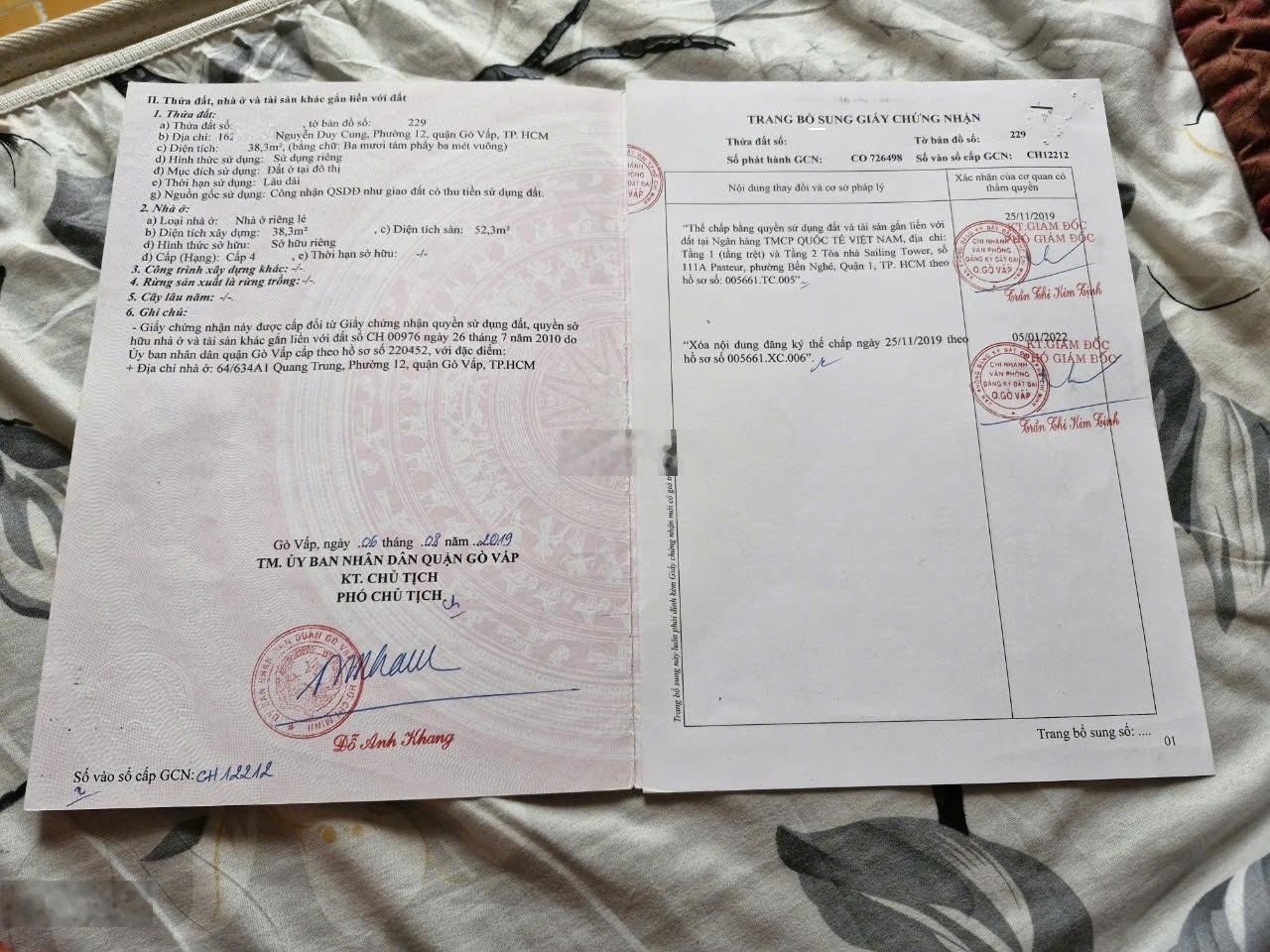 Bán nhà riêng hẻm xe ba gác rộng 4 mét đường Nguyễn Duy Cung P. 12 Quận Gò Vấp (50m2) 4.55 tỷ