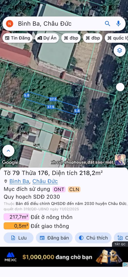 Bán lô đất mặt tiền Quốc lộ 56, Bình Ba, Châu Đức, giá 2.15 tỷ
