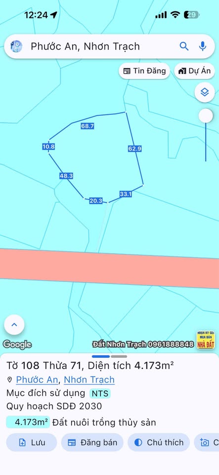 Bán 4.173m2 đất nuôi trồng thủy sản ở Phước An, Nhơn Trạch, Đồng Nai, giá 2.4 tỷ