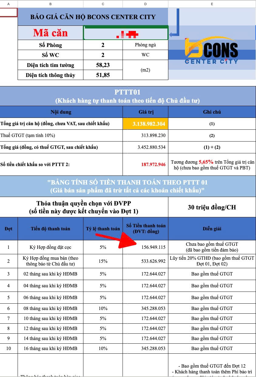 Chỉ 156 triệu ban đầu sở hữu ngay căn hộ Bcons Center City