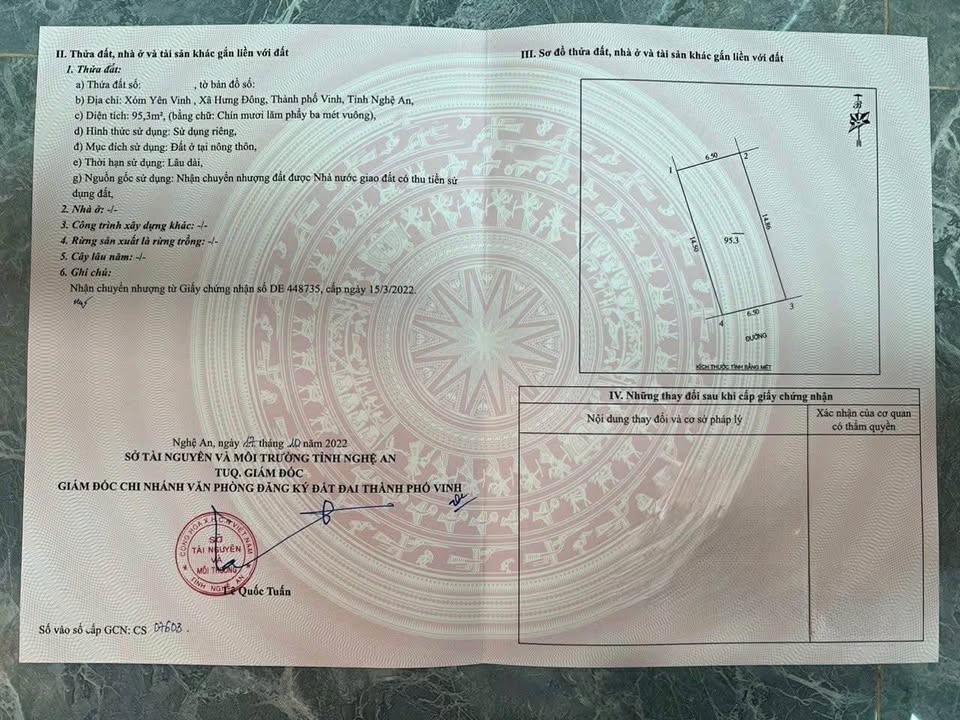 Bán lô đất đẹp 95m2, mặt tiền rộng 6,5m, full đất ở tại ngõ đường Trần Hữu Thung, khối Yên Vinh, Hưng Đông